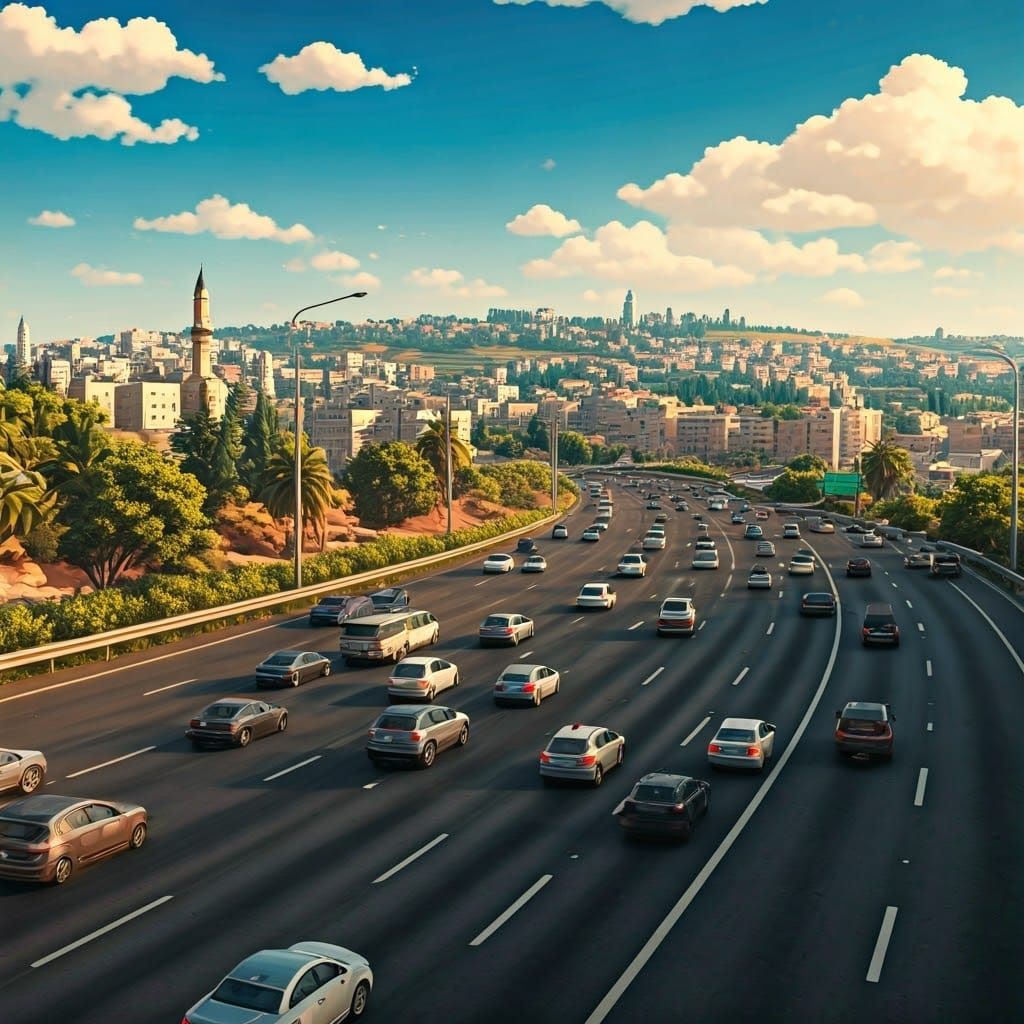 Congested Israeli Highway in Anime and 3D Art Style