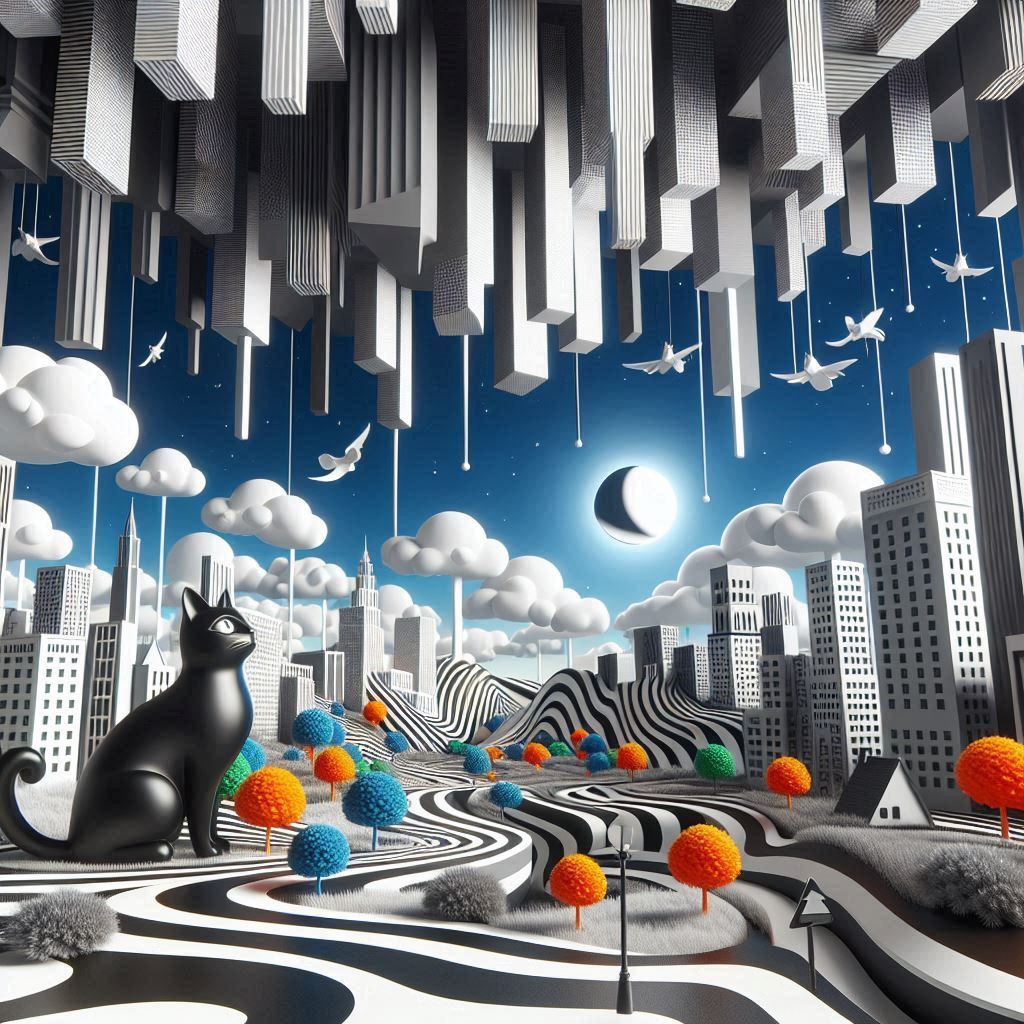 BLACK CAT IN AN UPSIDE AND DOWN CITYSCAPE - insp. by Rene Ma...