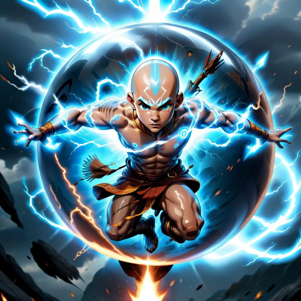 avatar_Aang in avatar_mode with ligthing light blue arrow tatto in ...