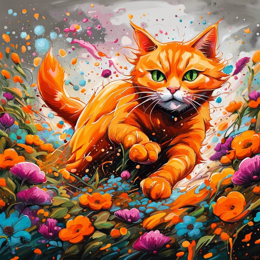 Orange cat frolicking in flowers  by @WarKitten123
