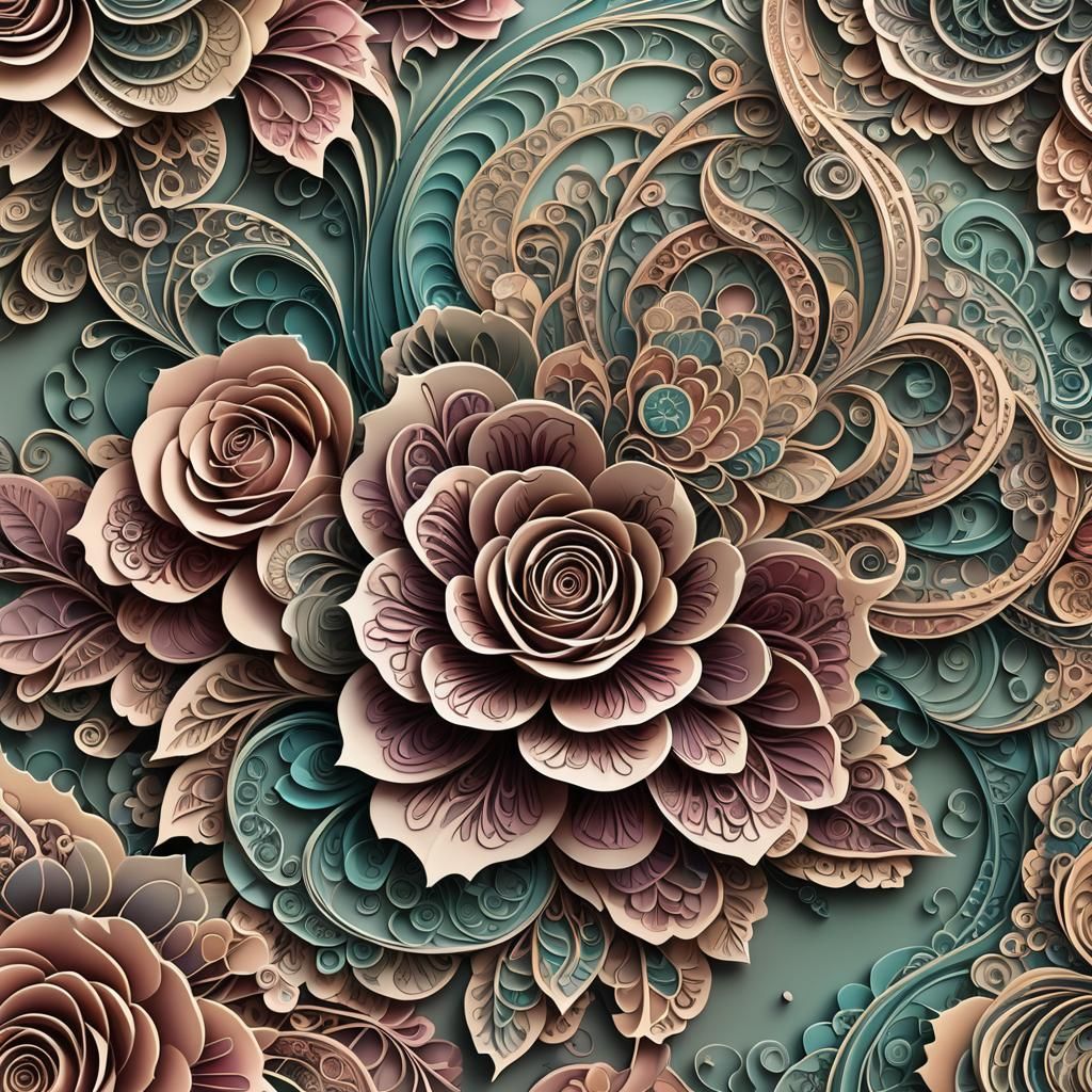 textured paper embossed with roses in a border abstract vector fractal