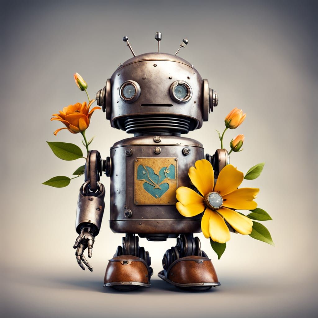 A vintage robot as android logo with a weathered metal casing offers flowers to a modern and sophisticated ...  by @undefined