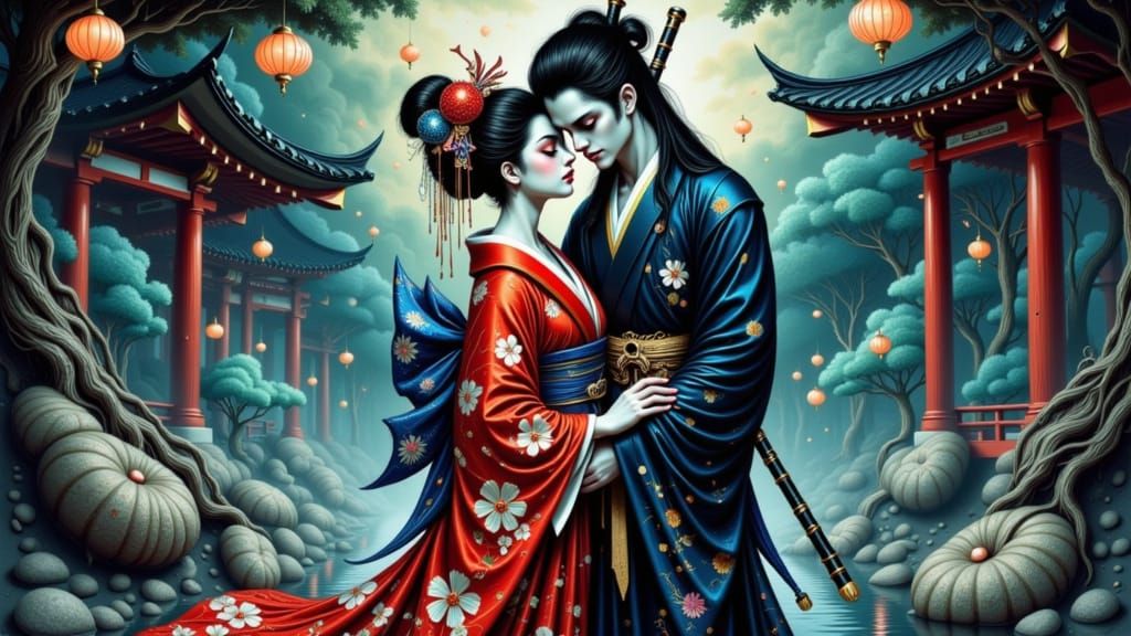 Mournful Geisha in intricately patterned kimono, embracing her ghost Samurai lover, set against a watercolor temple backdrop by Thomas W. Sc...