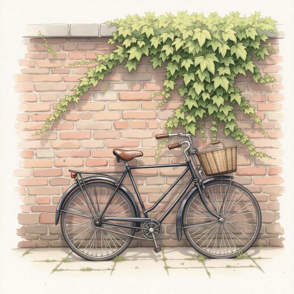 A vintage bicycle leaning against an ivy-clad brick wall, soft watercolor wash, gentle color layering on bricks and foliage, fine irregular ...