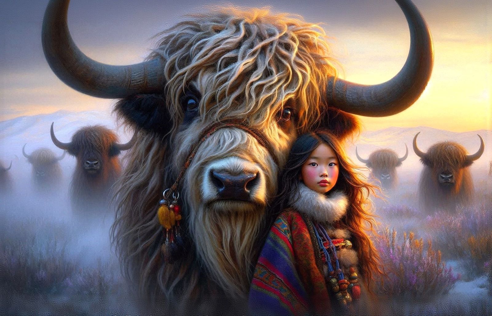 Yak with Mongolian girl