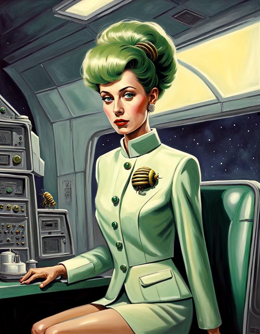 Retrofuturism, female robot with bee hive hair style in Nehr...