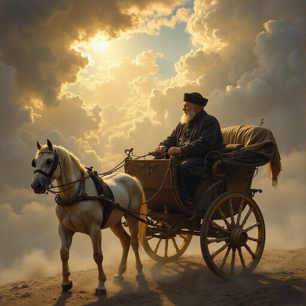 A majestic Hasidic rabbi, dressed in regal attire, sits proudly on an ornate carriage drawn by two strong white horses, traveling on a regal...