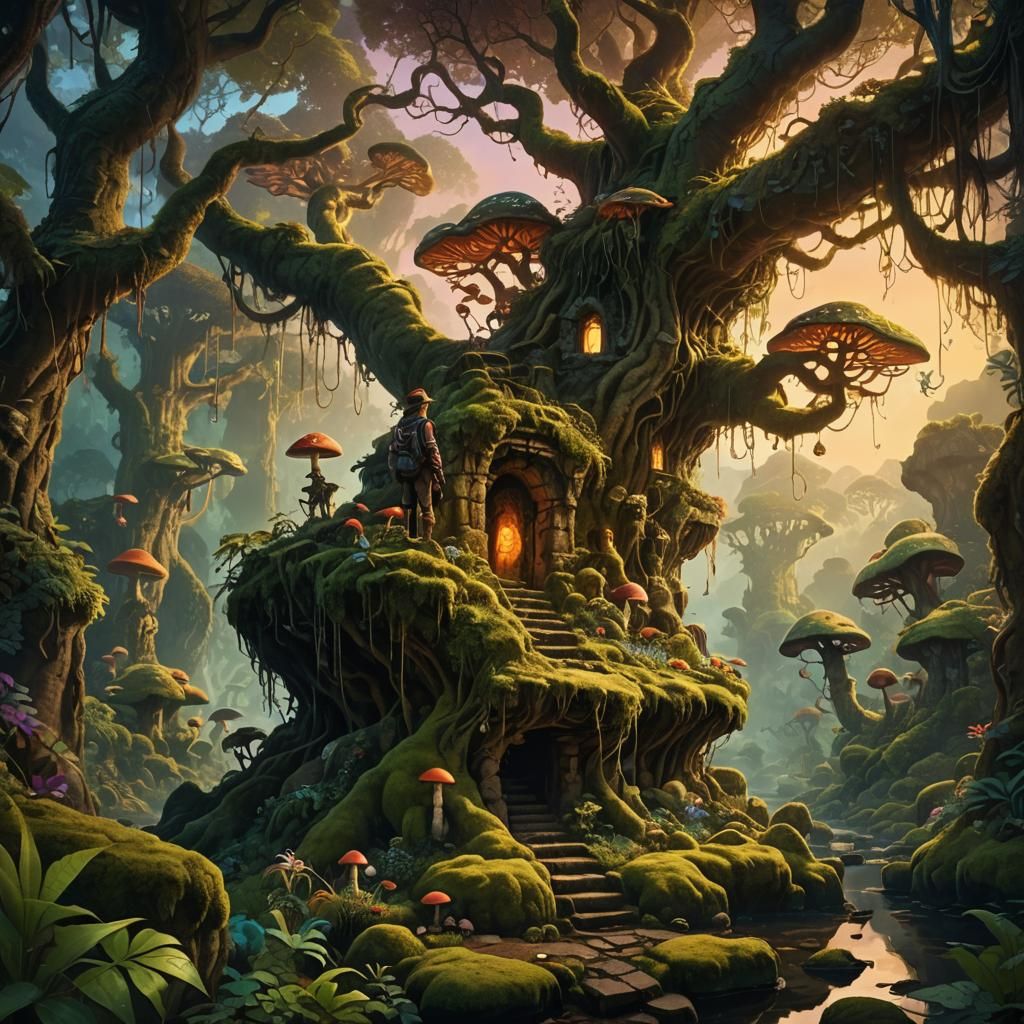 Adventurer in Fantasy Jungle Landscape at Dusk