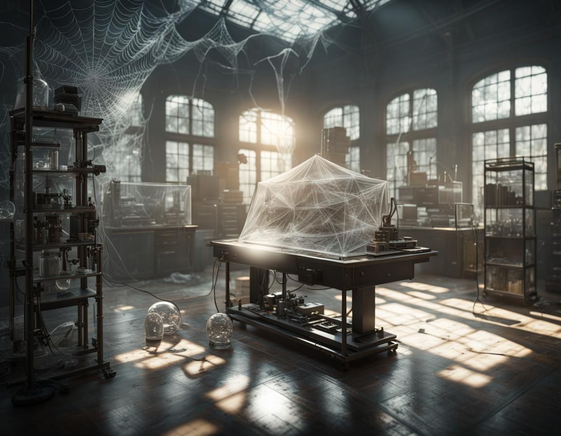 an old lab, equipment draped with spider webs - AI Generated Artwork ...