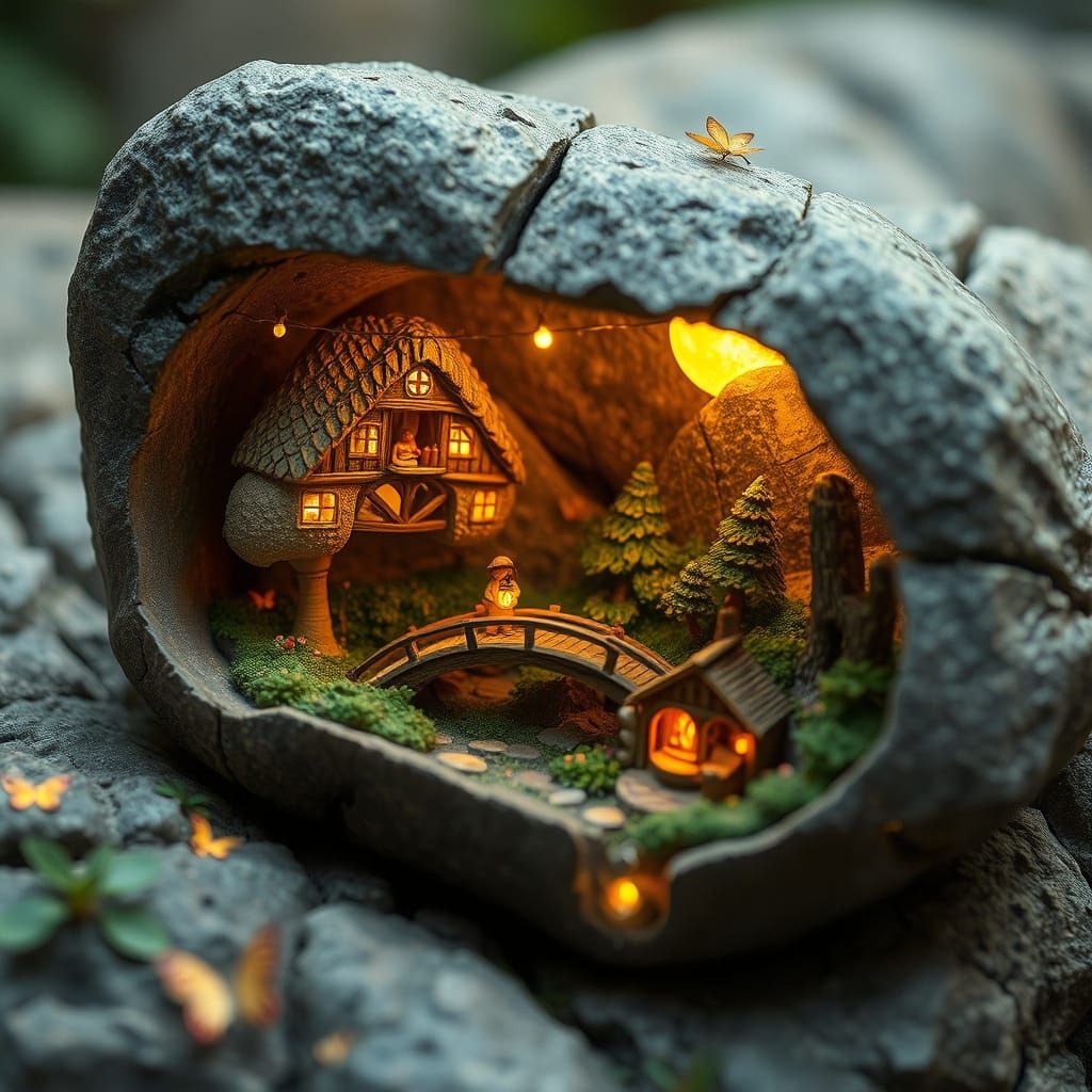 Enchanted Miniature World Inside a Stone