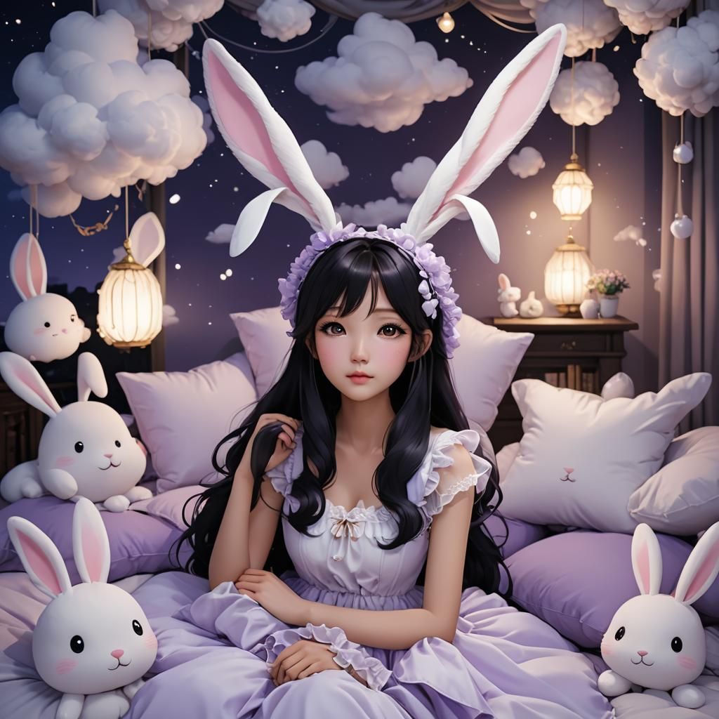 A cute 18 year old korean girl with round double-lidded eyes and long, wavy  black hair in a white and light purple frilly princess outfit wi... - AI  Generated Artwork - NightCafe Creator