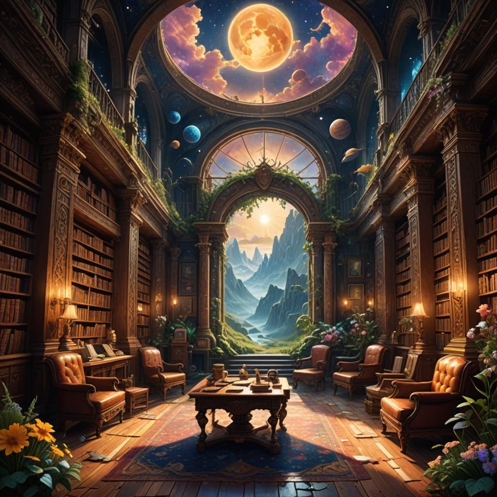 A large golden library interior