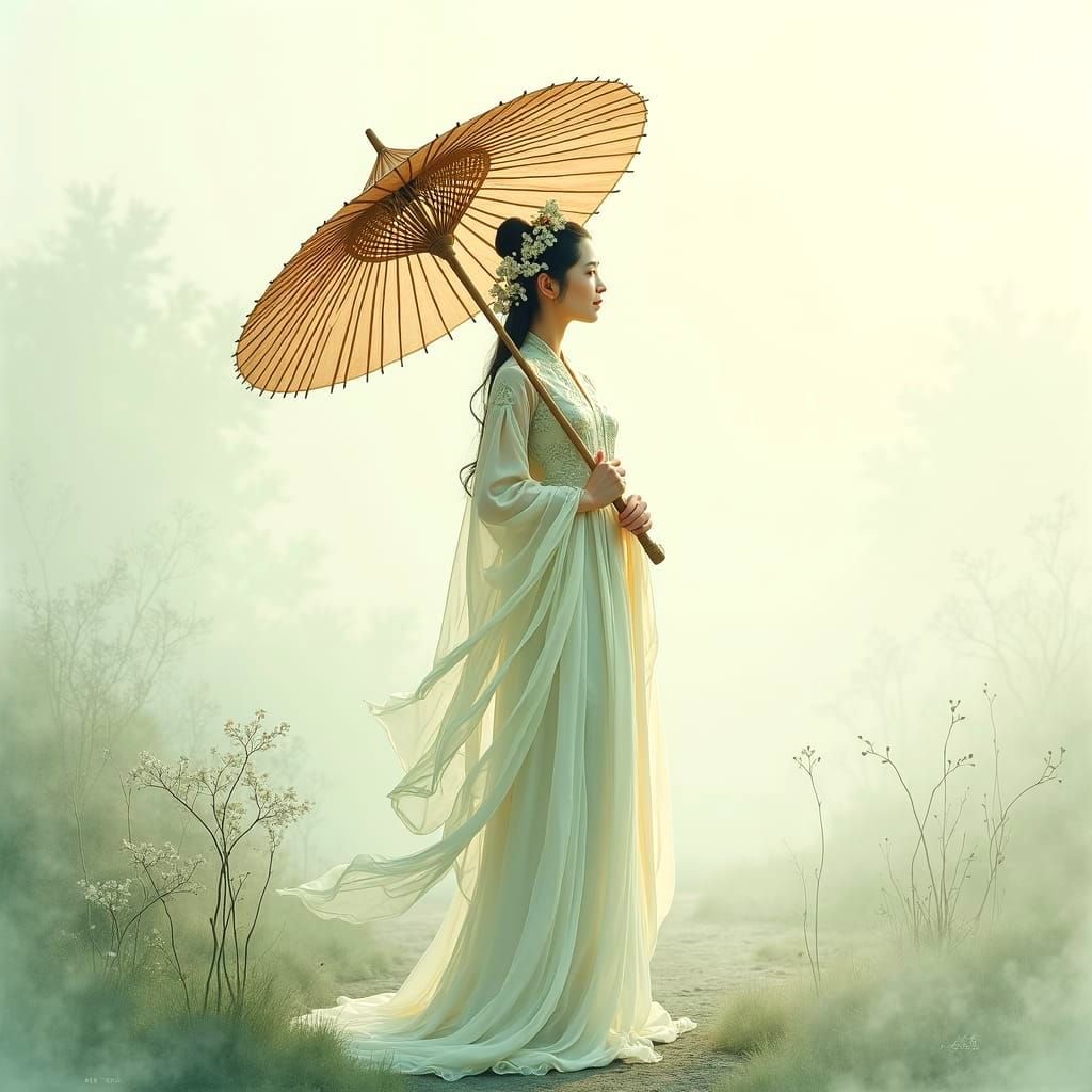 painting of a woman dressed in traditional Chinese dress with a bamboo umbrella, in the style of romantic ...  by @undefined