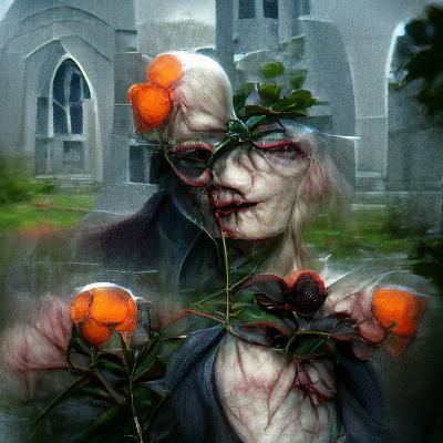 In a corner of the churchyard,
Where the myrtle boughs entwine,
Grow the roses in their poses,
Fertilized by Clementine.