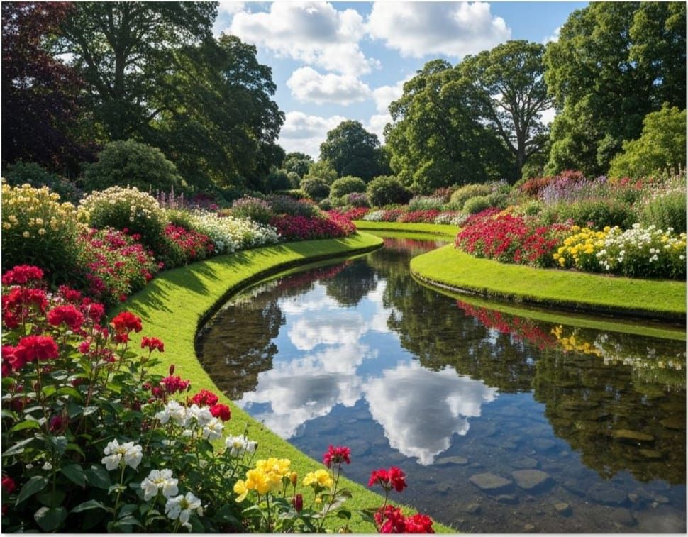 Hyperrealistic Garden with Stream Reflecting Sky