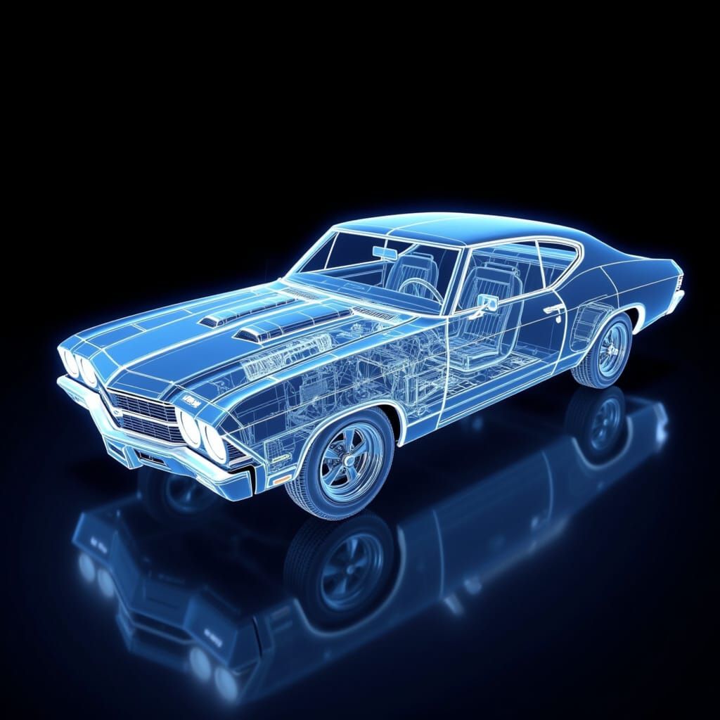 <lora:Holographix:1.0> 3D holographic schematic of a "1969 Chevelle SS".