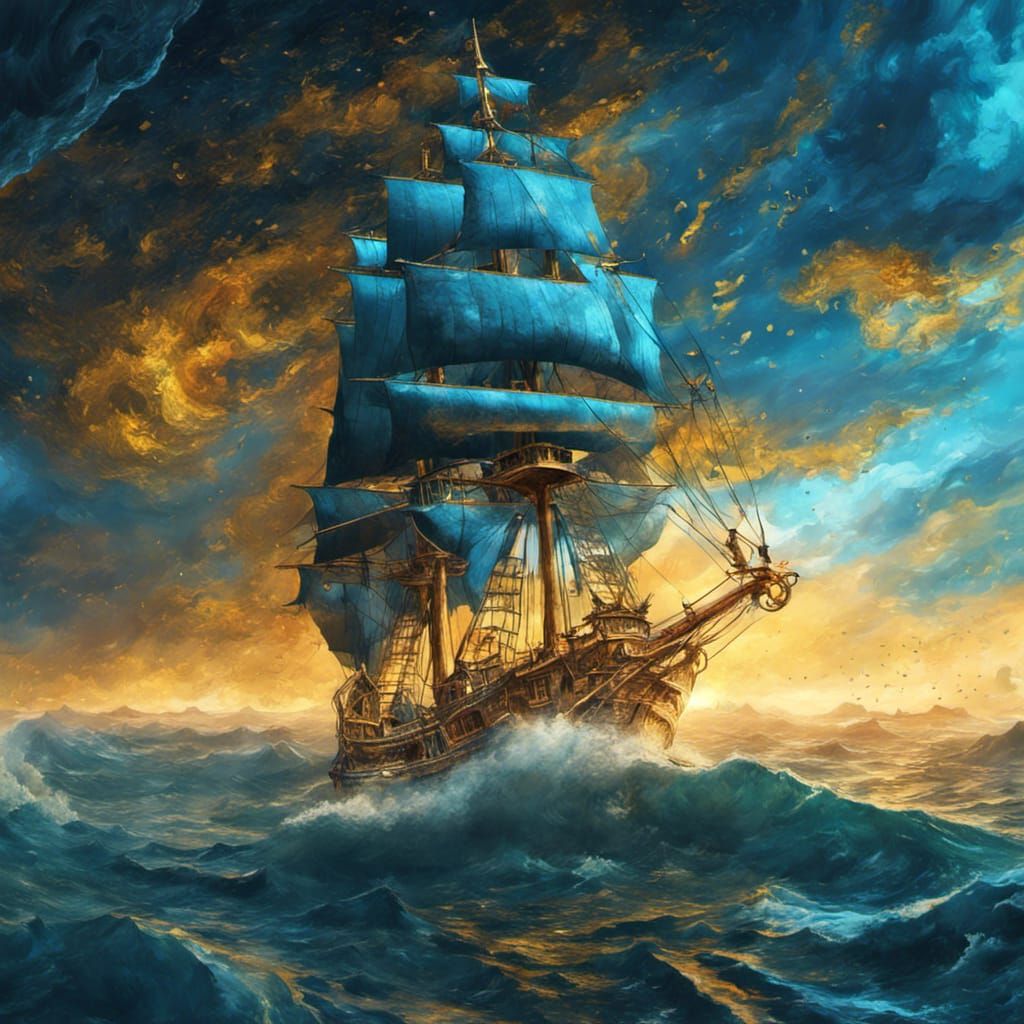 Van Gogh Style Pirate Ship on Blue Ocean