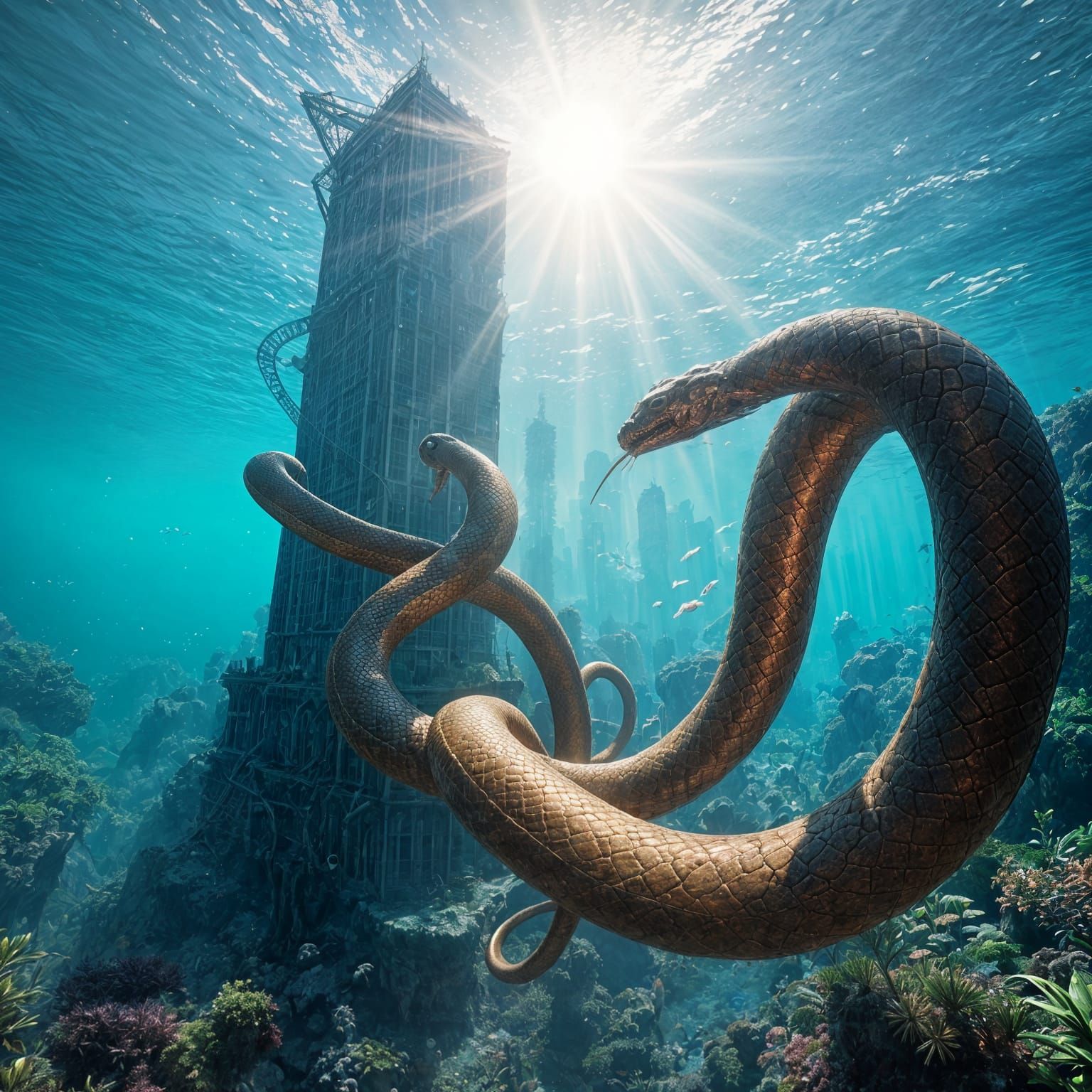Huge copper snakes underwater - Surreal Underwater Cityscap...