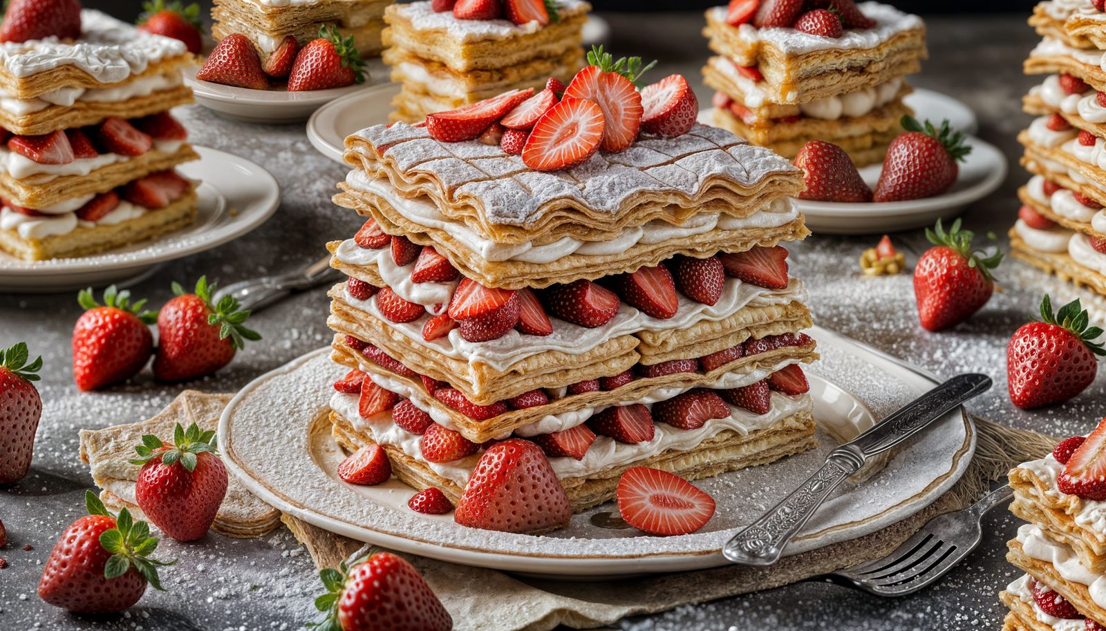 Delicious mille-feuille, with strawberries topping  by @Alan