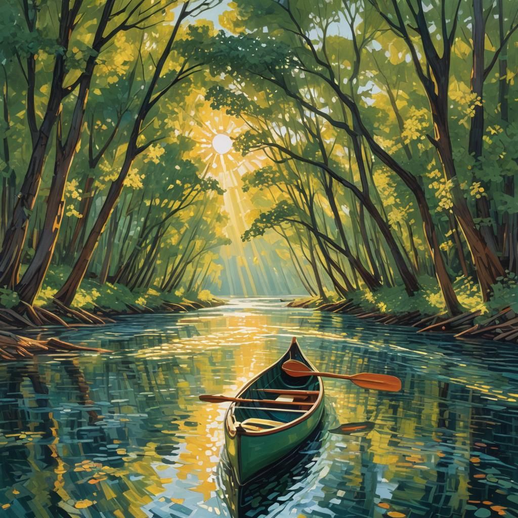 A canoe river intricately detailed post-impressionism filmic sunshine rays  by @Mickey