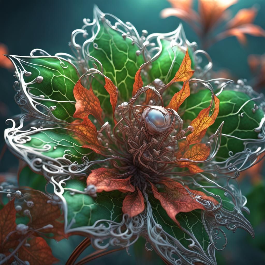 incredible detailed poison ivy flower, intricate translucent background, Intricate filigree metal design, ...  by @izzy