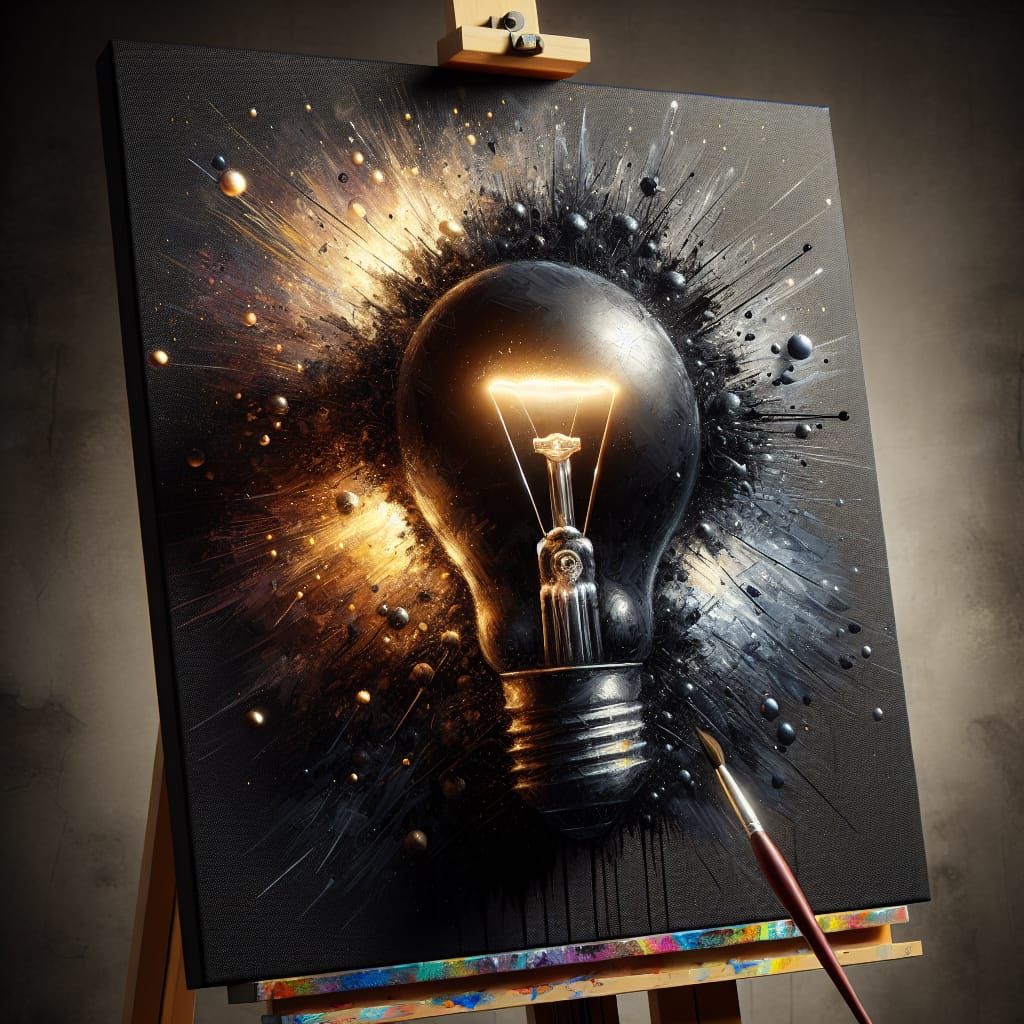 painting on an easel, a pitch black lightbulb painted with matte black paint, golden highlights, thick ...  by @Brad