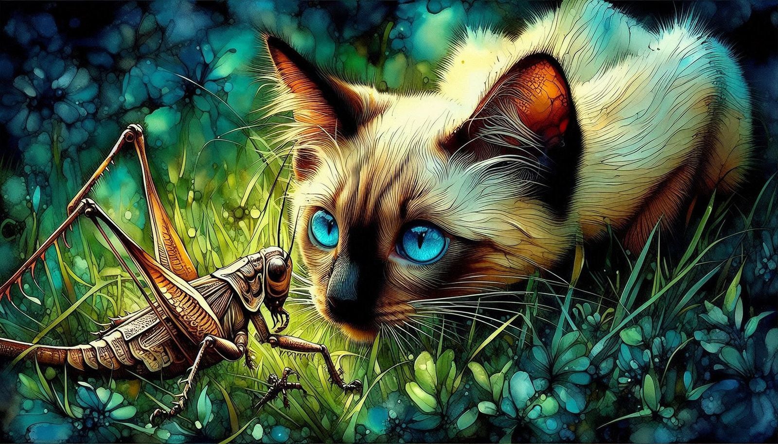Siamese Kitten Watching a Grasshopper