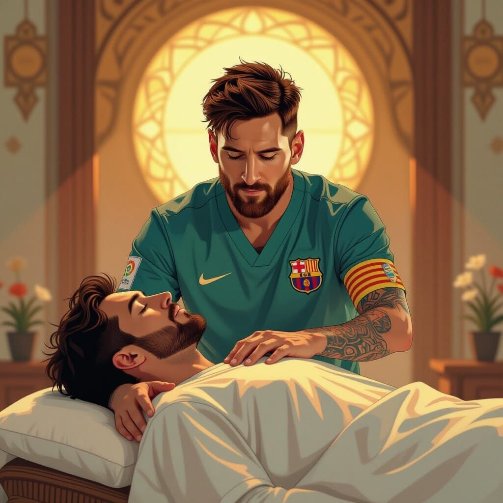 Lionel Messi Giving a Massage in Art Nouveau Style
