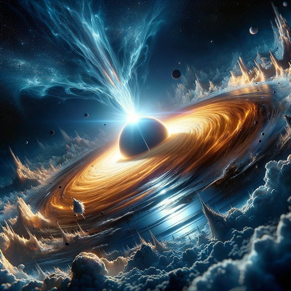 A silver and blue sun collapsing into a blackhole pulling in nearby planets. Quantum singularity explosion within the star. 3d effect hyper...