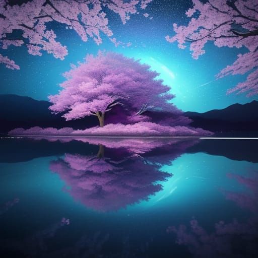 Surreal Cherry Blossom Tree on Distant Planet