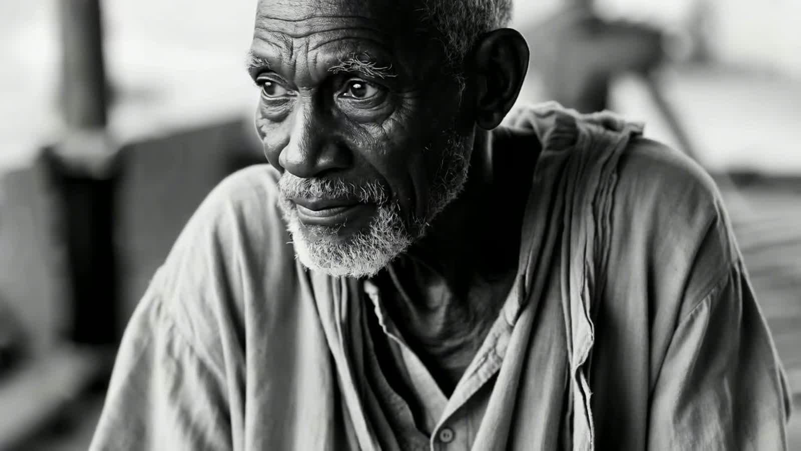 Black-and-white, high-contrast portrait photo of a very old Black African man with deep wrinkles and weathered skin, eye...