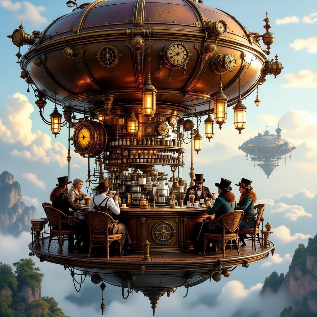 A steampunk-inspired café situated on a floating island, accessible only by ornate airships. The café's ...  by @Qualean