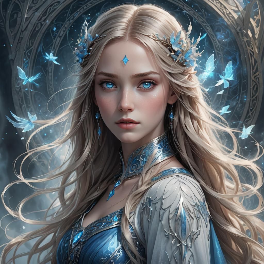 The image is a digital artwork of a female character with a ...