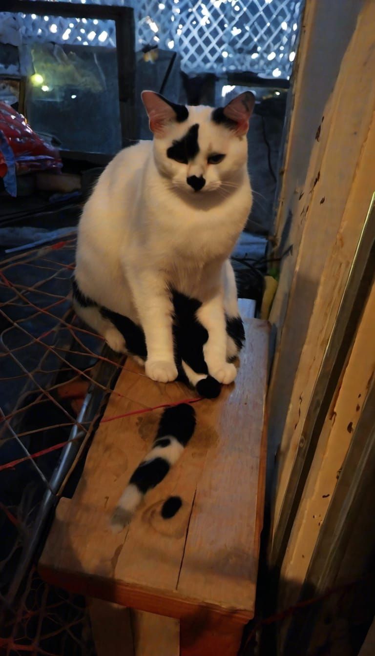 <lora:Rorschach:0.9>A white cat with  ink botch shaped black spots, mostly white body, with a black tail and black paw on his left back leg...