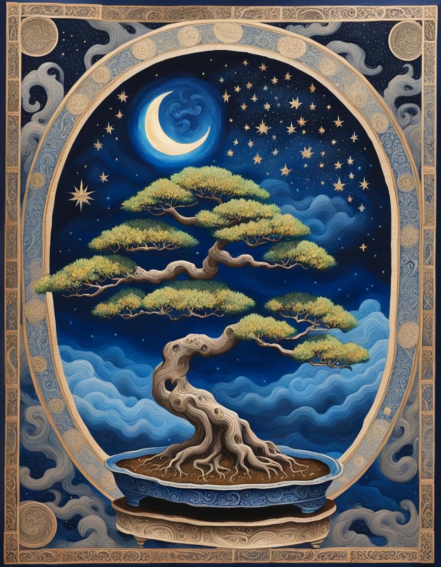 Bonsai Star Tree: Maximalist Oil Gouache Painting
