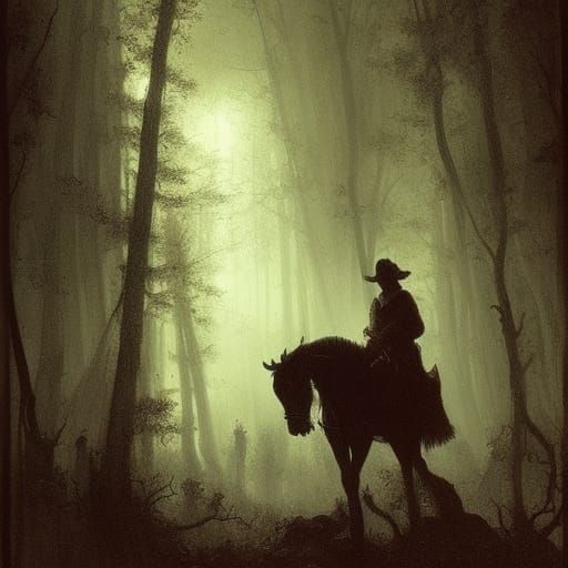 earl king, dark forest, father and son on horseback, haunted