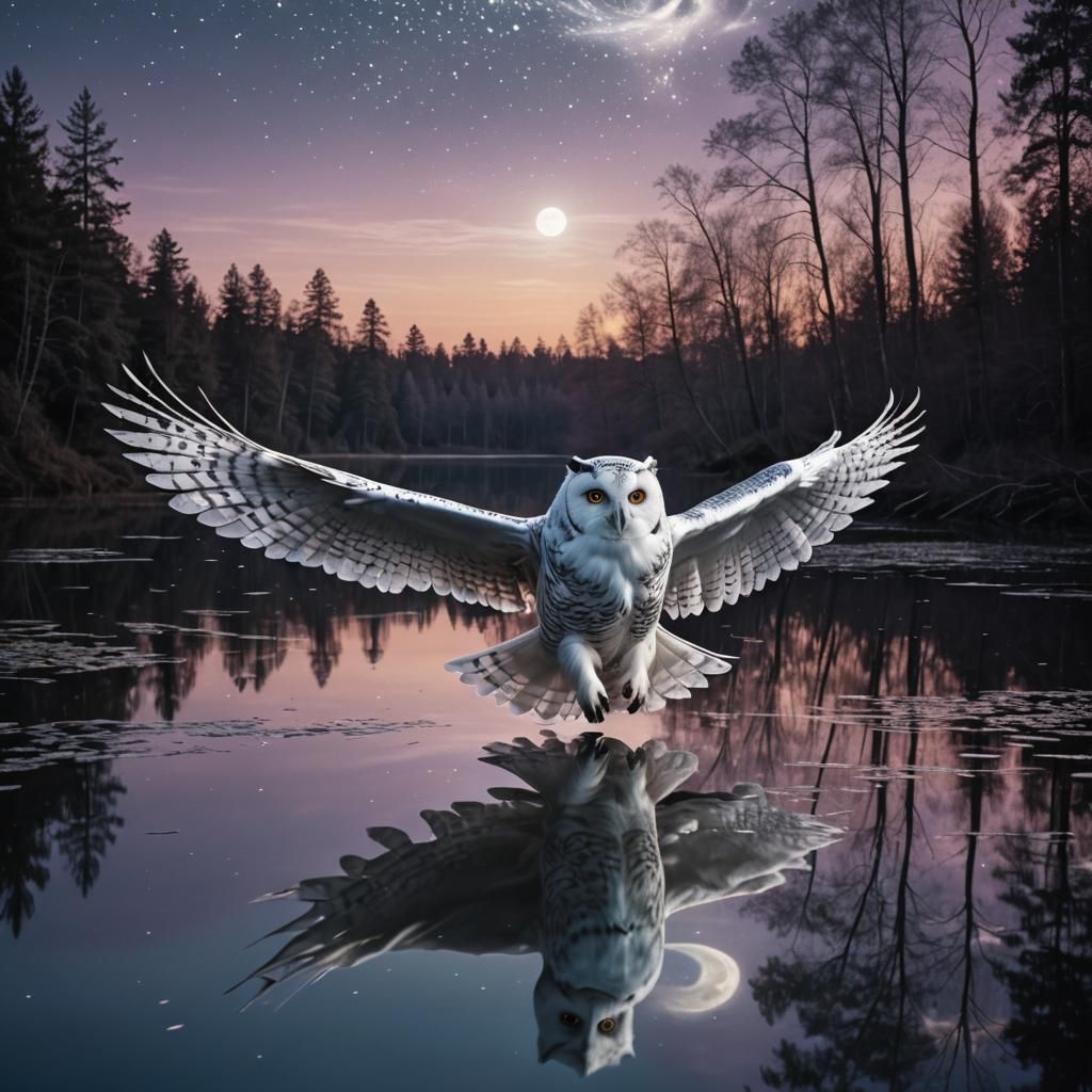 Majestic White Owl Over Serene Lake at Night