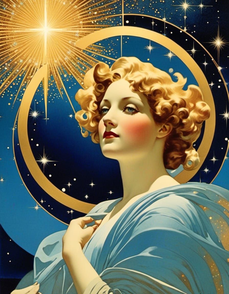 <lora:Scrapbook Doodles:1.0> Maxfield Parrish celestial sky, dreamy dreamer, sparkling ✨️✨️✨️ glistening stars, enchanting cool blue colors...