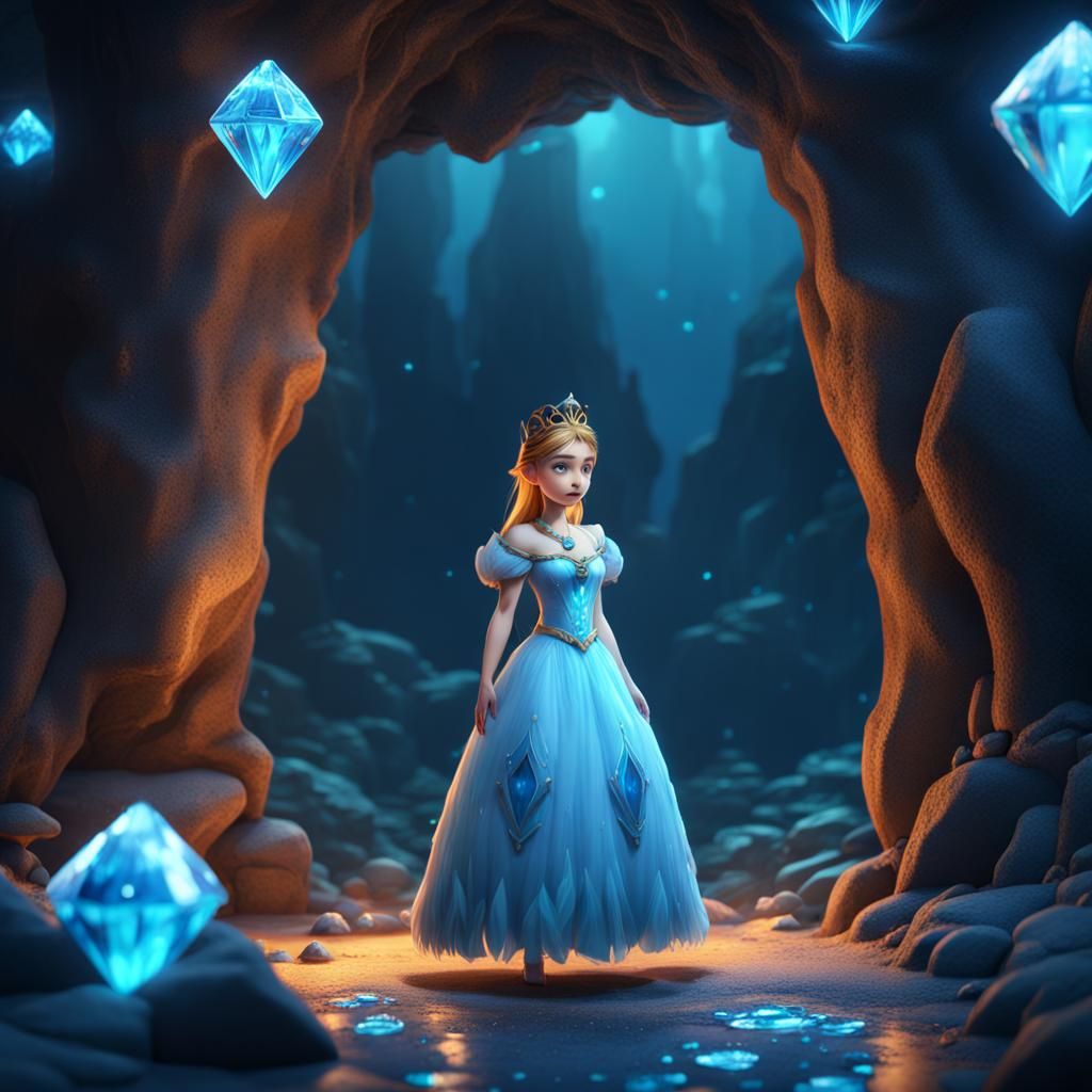 A cute princess in cave of blue diamonds