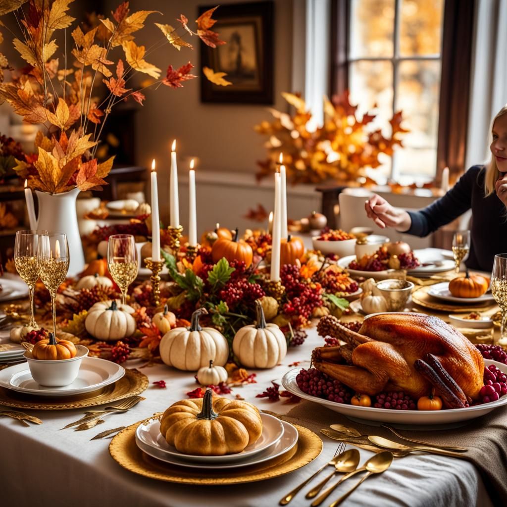Thanksgiving tablescape with white dishes with golden ornaments, plenty of tasty food, autumn decor with ...  by @ATJIuKA