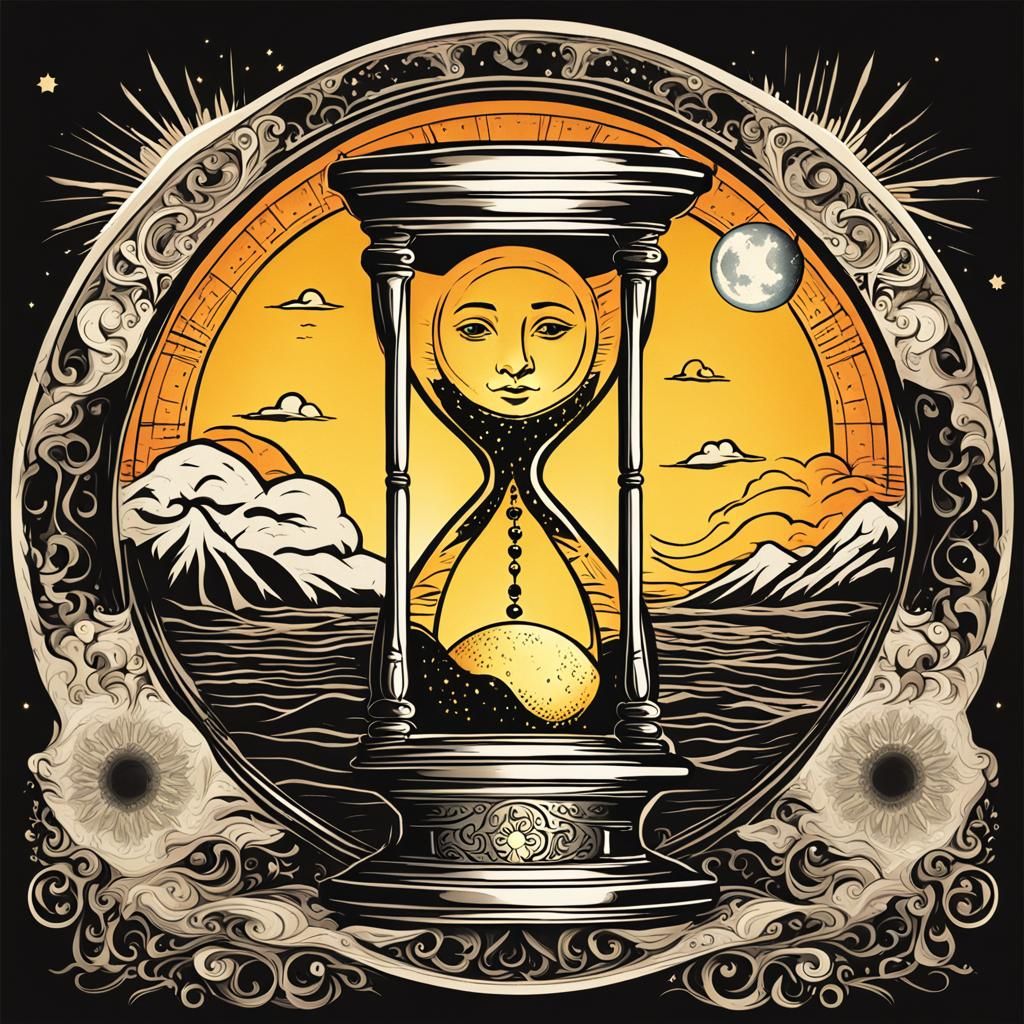 Hourglass With Sun And Moon: An Hourglass With A Radiant Sun In The 