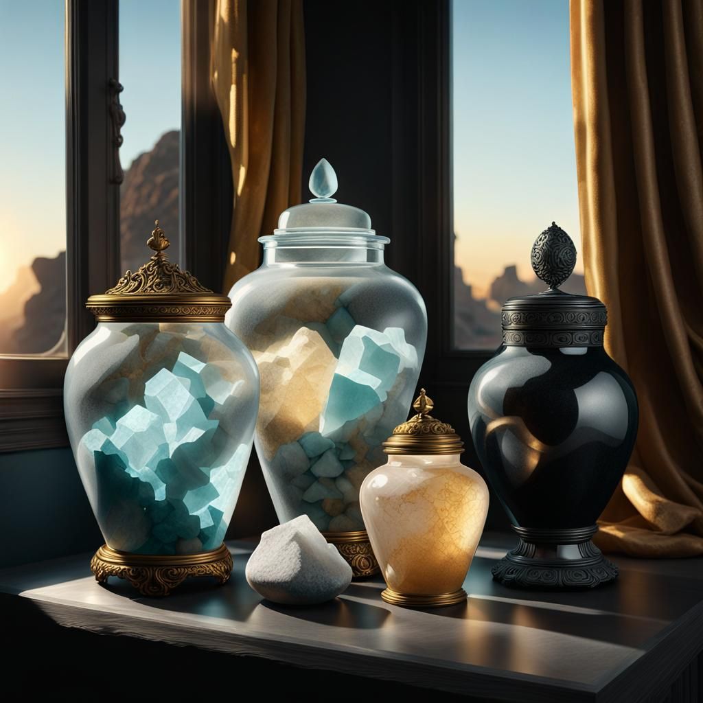 masterpiece still life of quartz jar, a Hematite jar, a Papagoite jar
