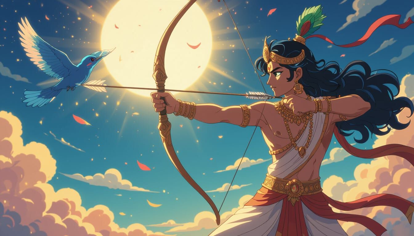 Arjuna Arrows Bird's Eye, Cel-Shaded Manga Style