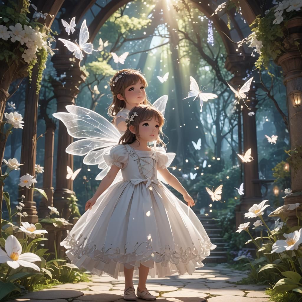 Little girl dressed in a white fairy dress in a magical sett...