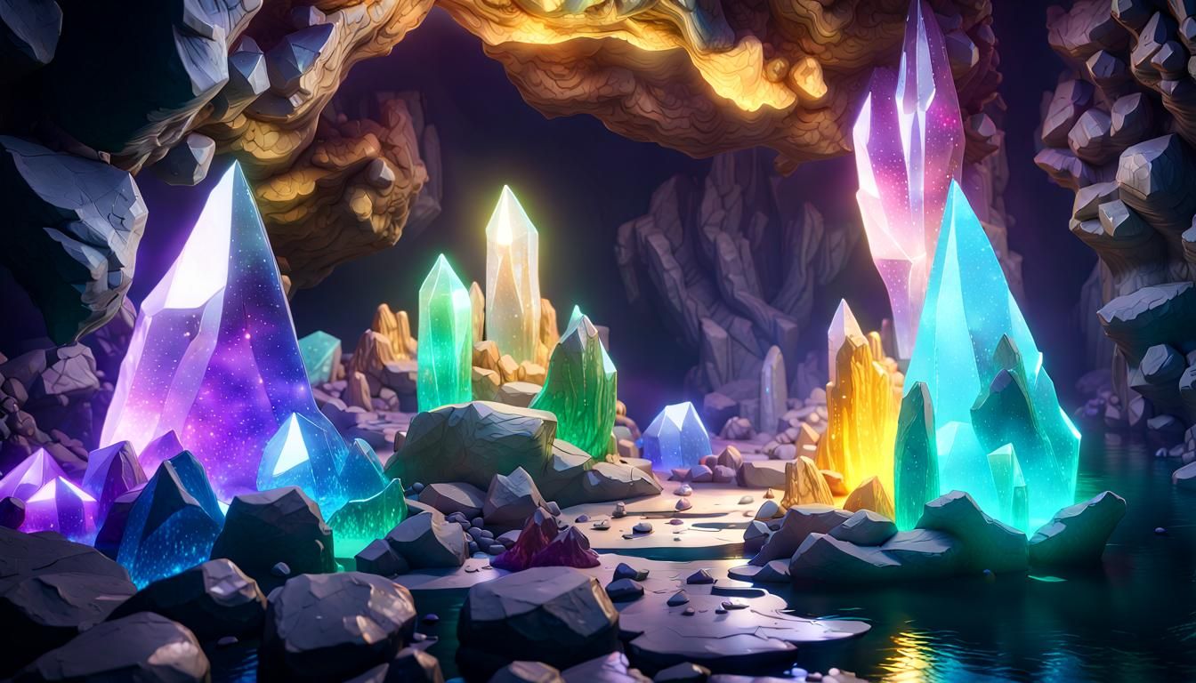 cave made of crystal, gems, jewels, magical, crystal growths, glowing ...