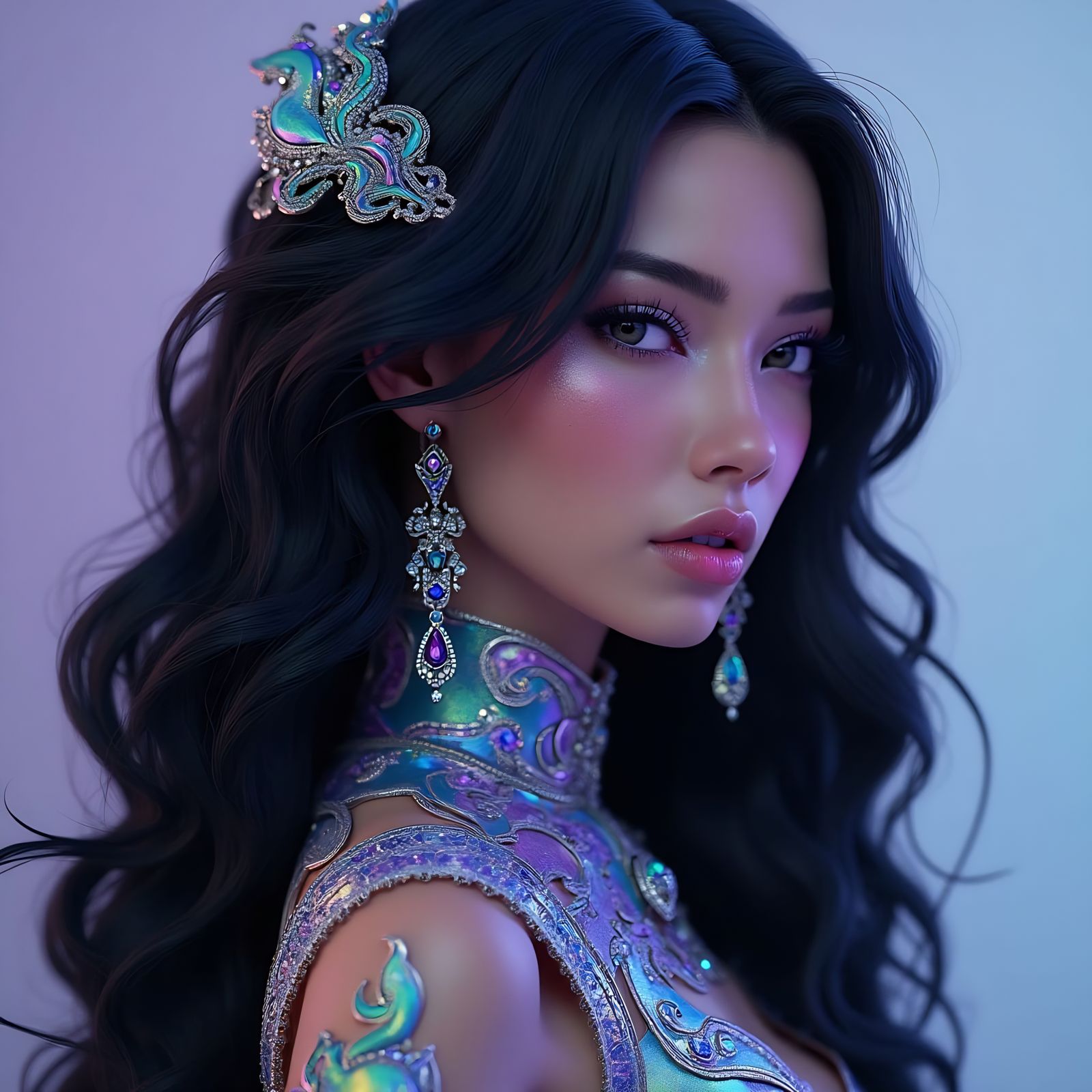 Hyperrealistic portrait of a beautiful woman wearing intricately detailed colorful clothing and futuristic jewellery.