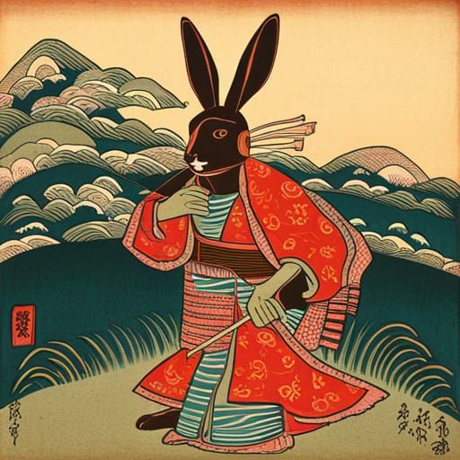 Ancient Japanese Woodblock Painting of a Samurai Bunny Rabbit Warrior ...