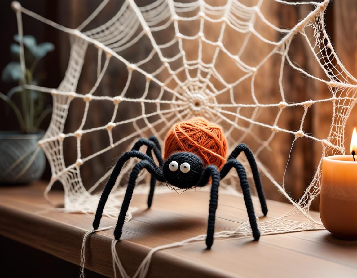 A beautiful spider web made of string. A spider sits in the centre of the web made from string. The spider is crocheted from coarse kitchen...