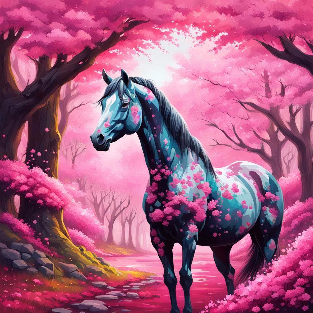 blue and pink horse