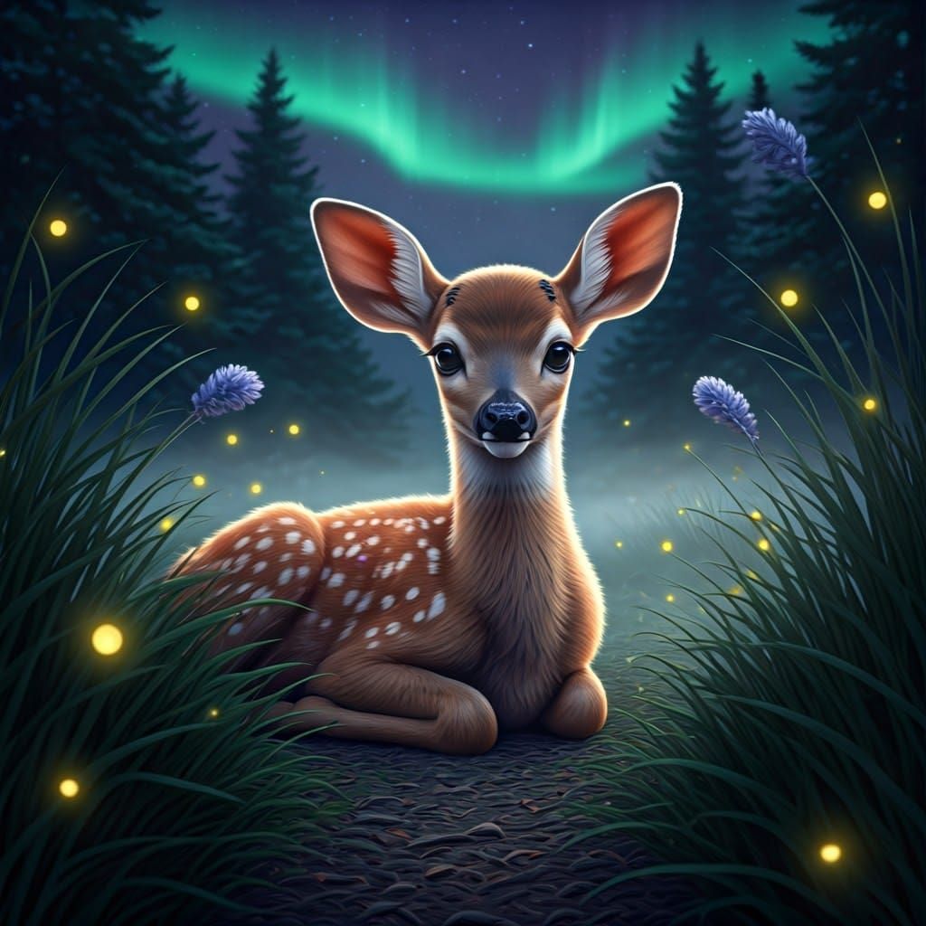 Ethereal Fawn in Moonlit Forest Glade